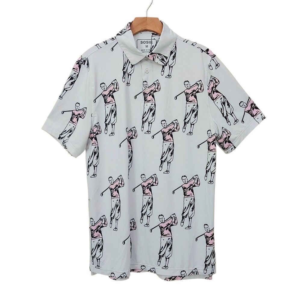 Sosik Mens Golf Polo Medium White Golfer Print Stretch Breathable Lightweight